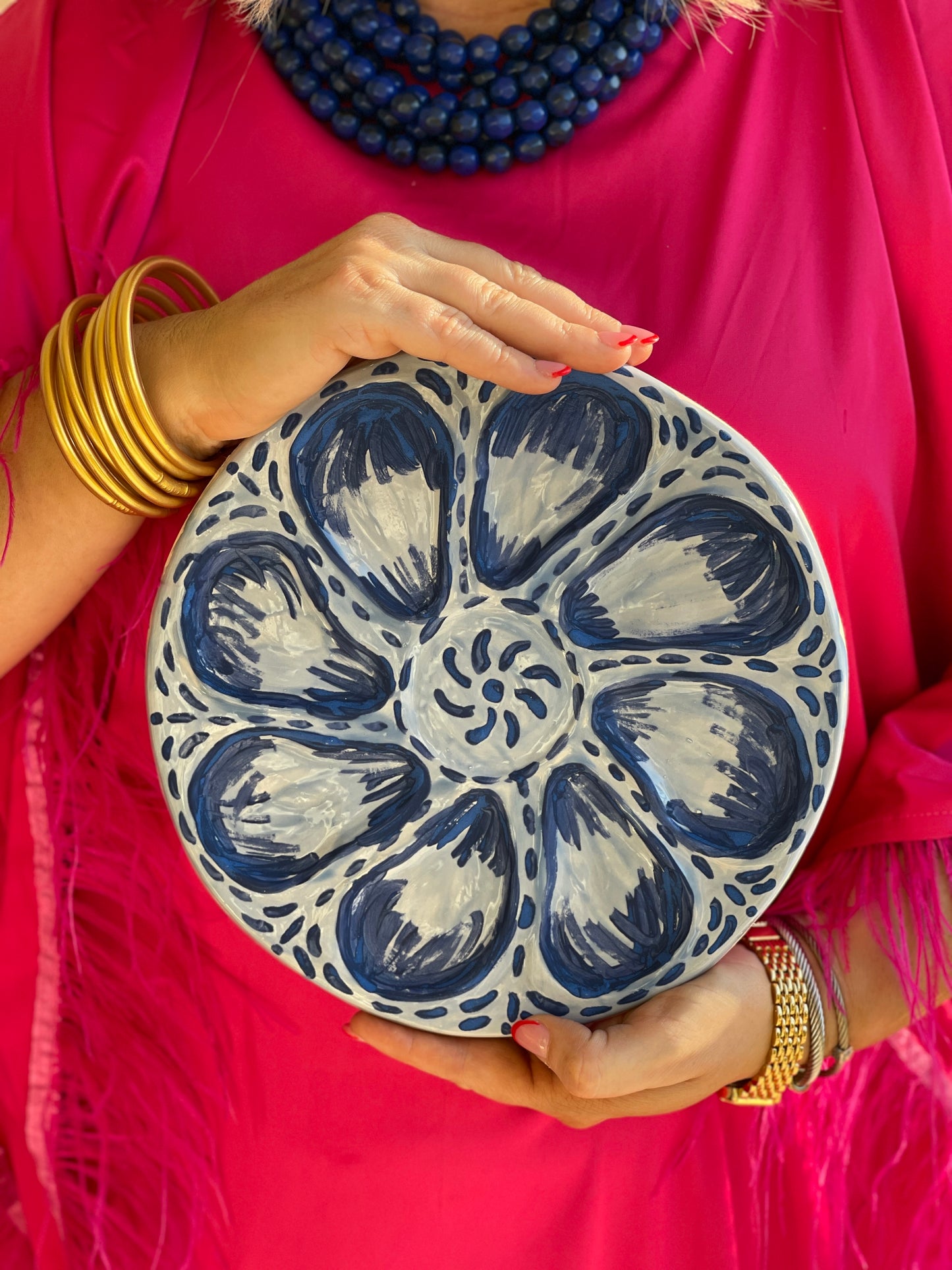 Hand Built Oyster Plate - Blue Dash