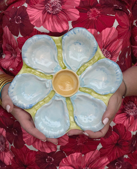 Hand Painted Cast Oyster Plate - Yellow and Blue