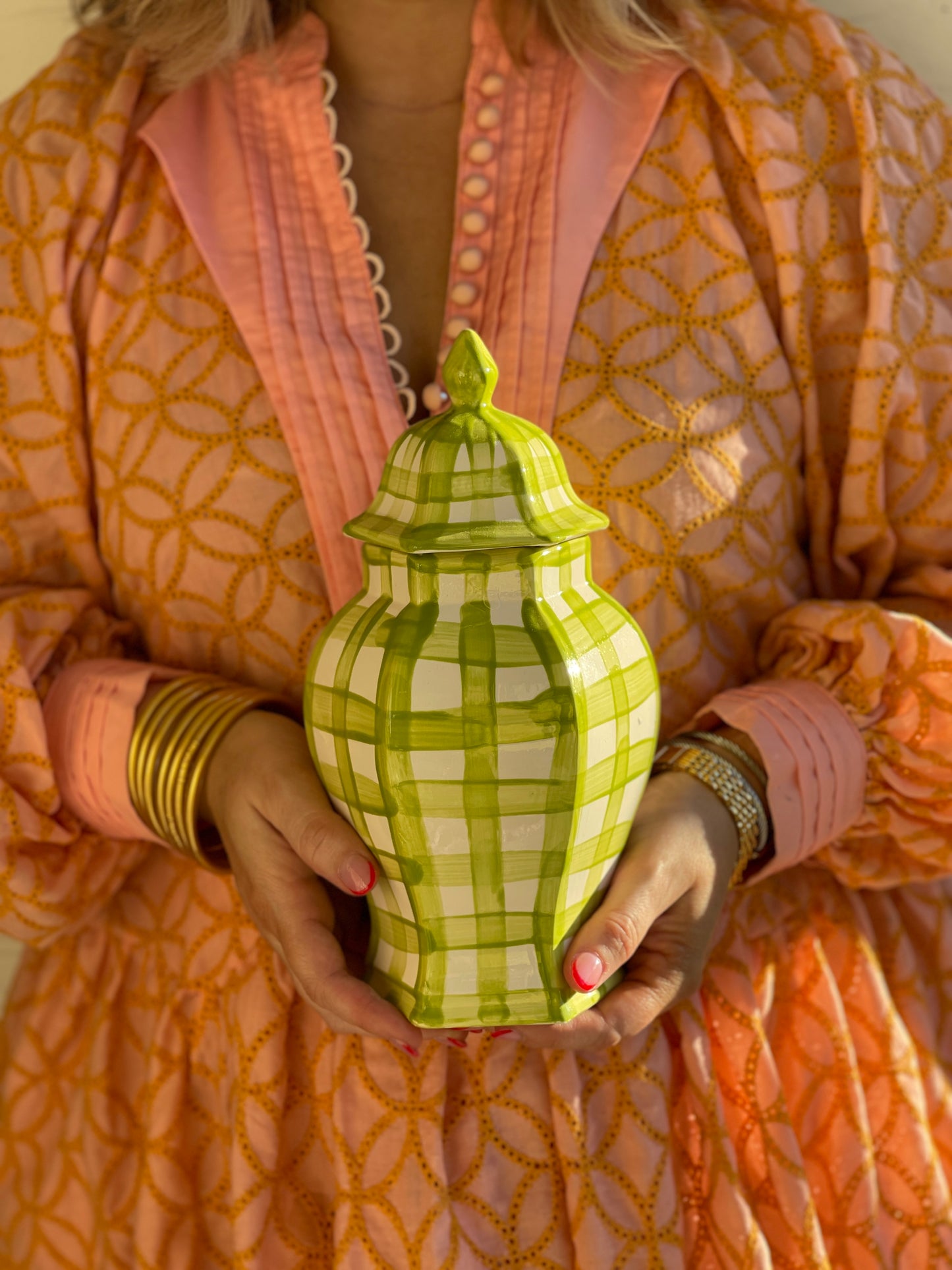 Hand Painted Green Gingham Ginger Jar - Large Hexagon