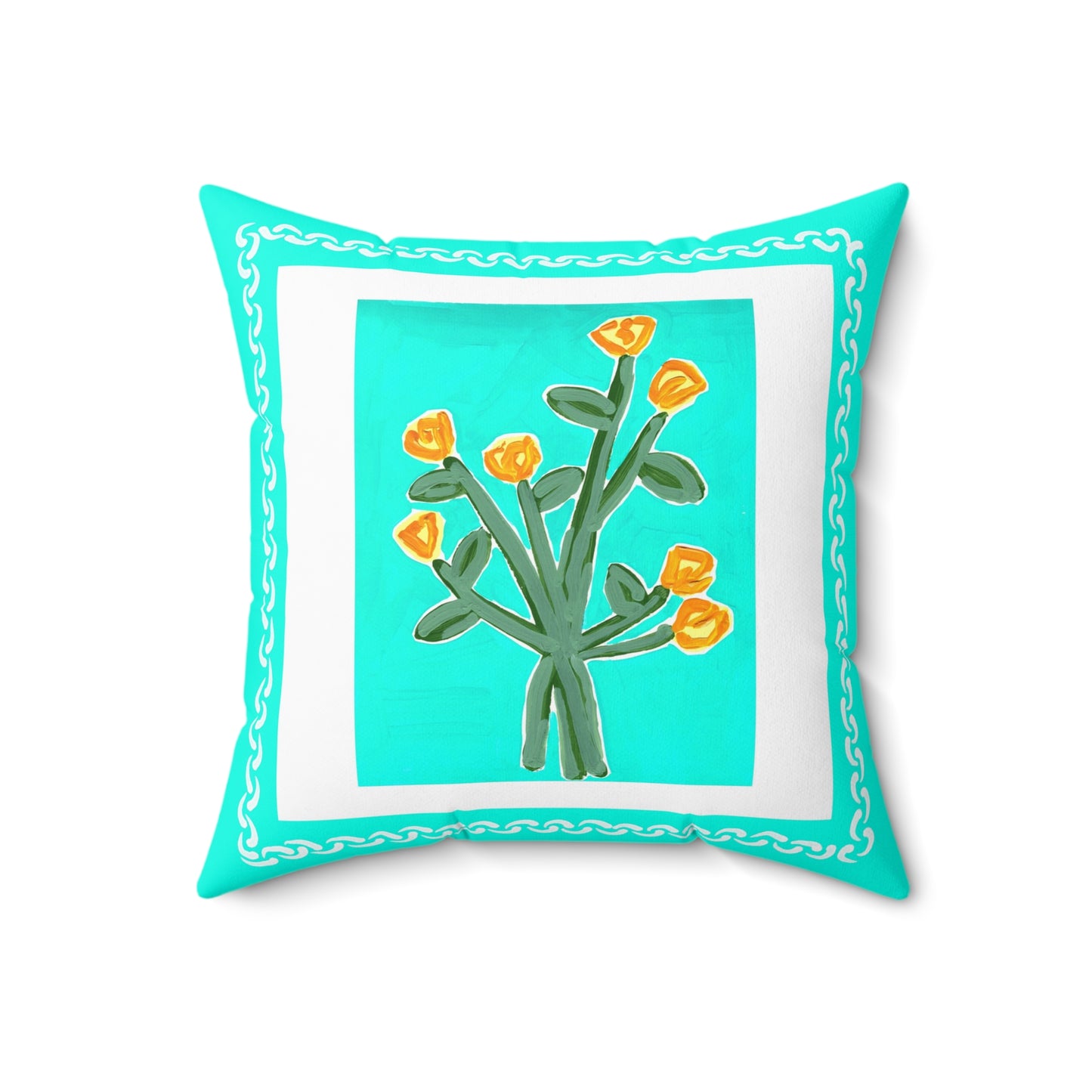 Floral Pillow, Yellow Flowers on an Aqua Background, Accent Pillow