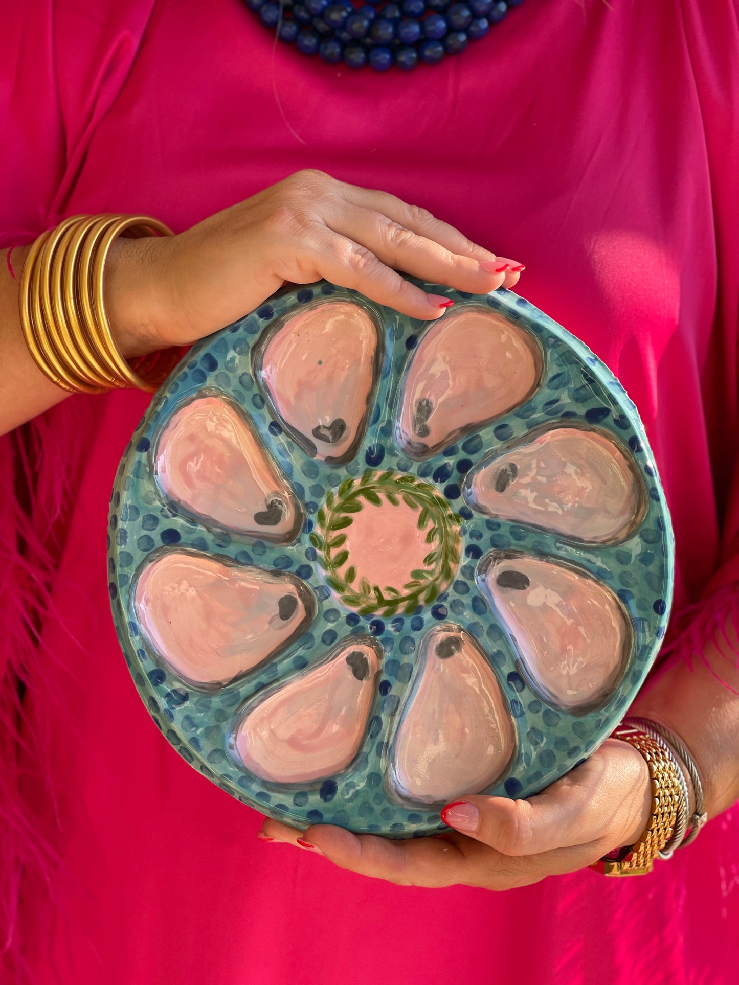 Hand Built Oyster Plate - Blue Brush Stroke