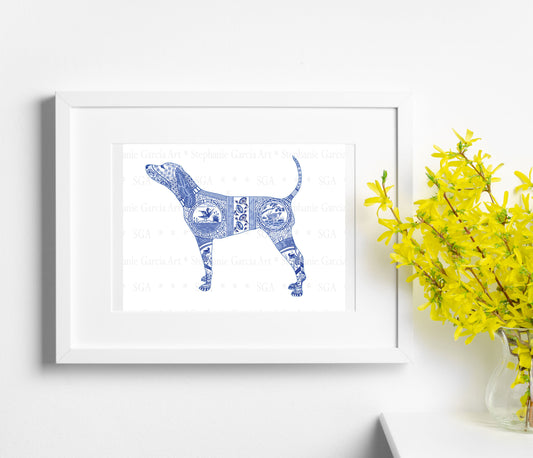 Blue Coonhound - Chinoiserie Style Watercolor - Art Print by L. Leonard
