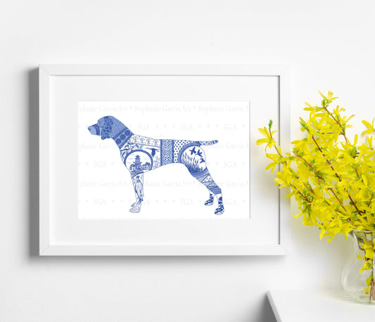Blue German Shorthair Dog- Chinoiserie Style Watercolor - Art Print by L. Leonard
