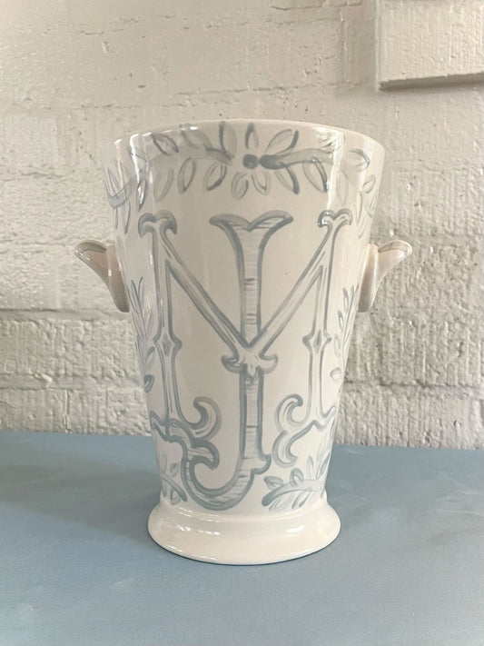Ceramic Champagne Chiller - Single Color Double Monogram with Floral Border