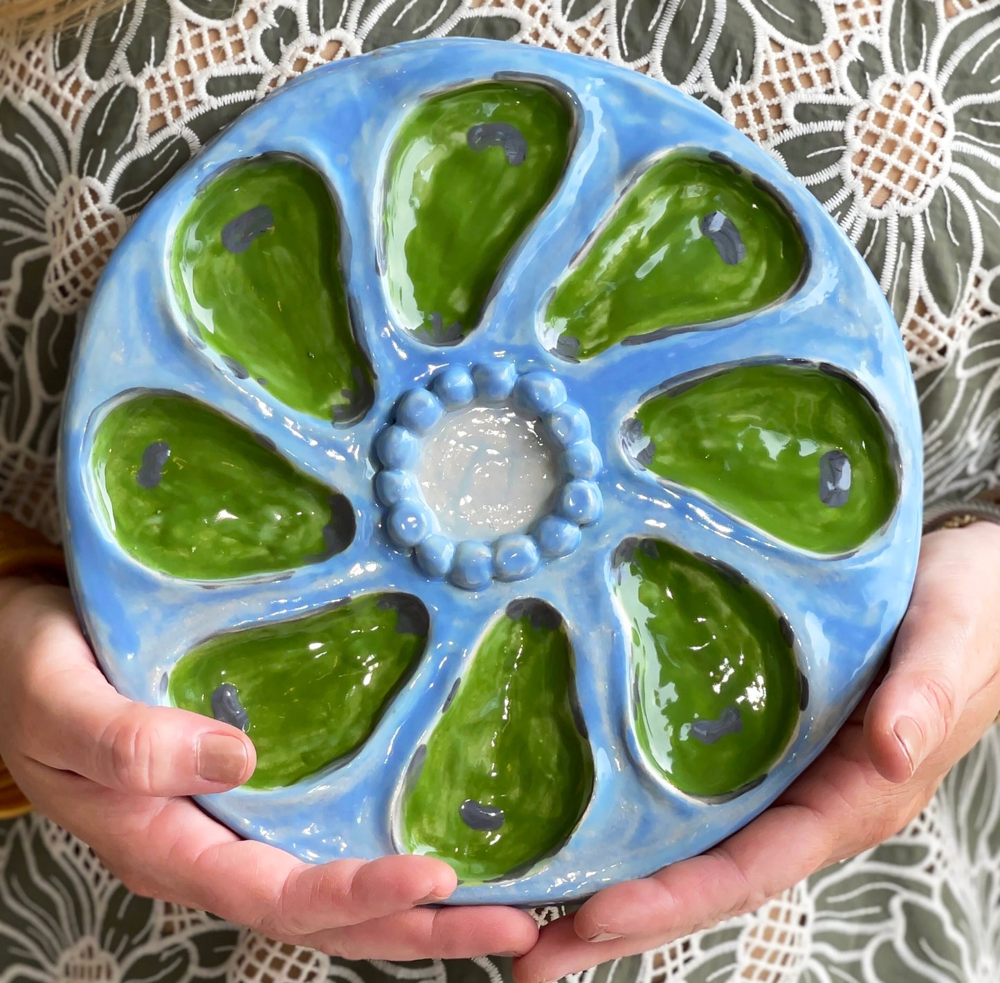 Oyster Plate 2- Blue and Green Beaded - Artisan Pottery