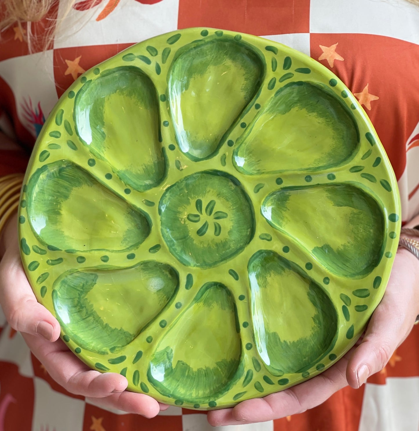 Oyster Plate 5- Bright Green Tones - Artisan Pottery