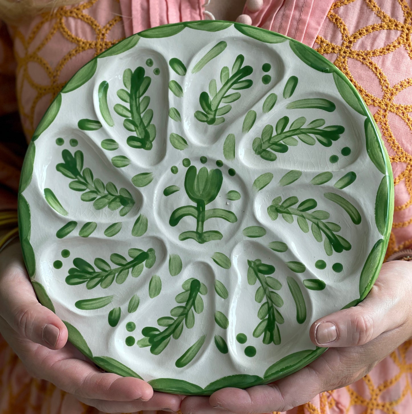 Oyster Plate 7 - Green Talavera Style - Artisan Pottery