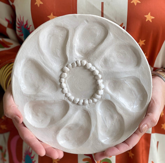 Oyster Plate 11 - White With Beaded Center - Artisan Pottery