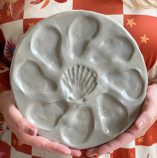 Oyster Plate 8&9 - Grey With Seashell - Artisan Pottery