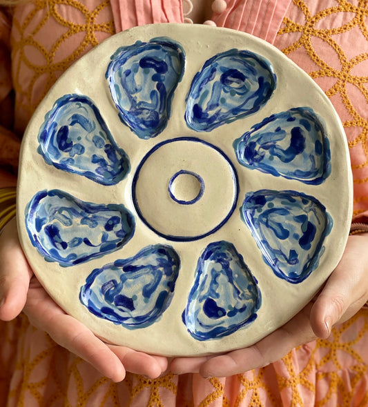 Oyster Plate 1 - Blue Abstract and White - Artisan Pottery