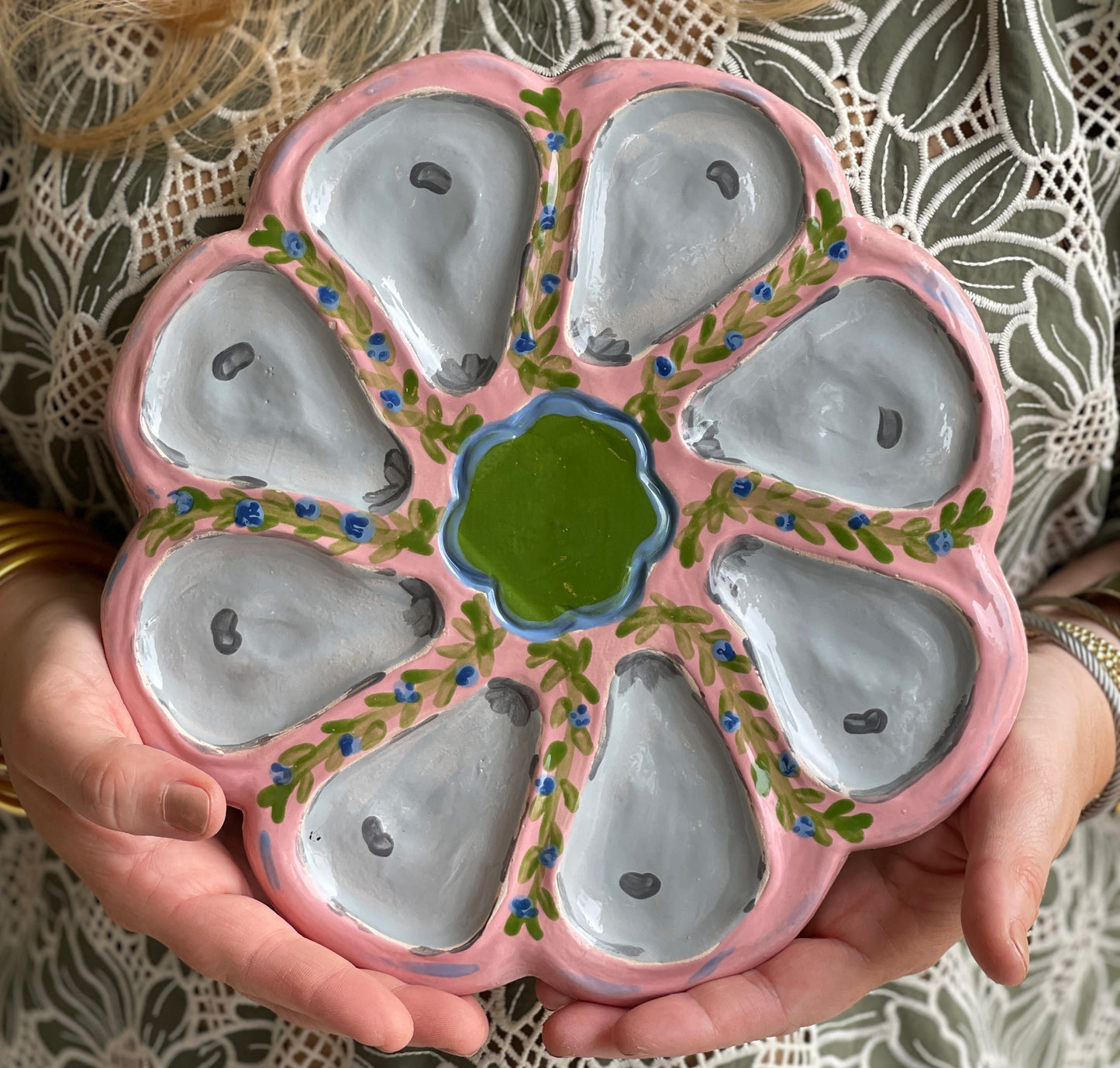 Oyster Plate 12 - Pink and Green With Scalloped Center