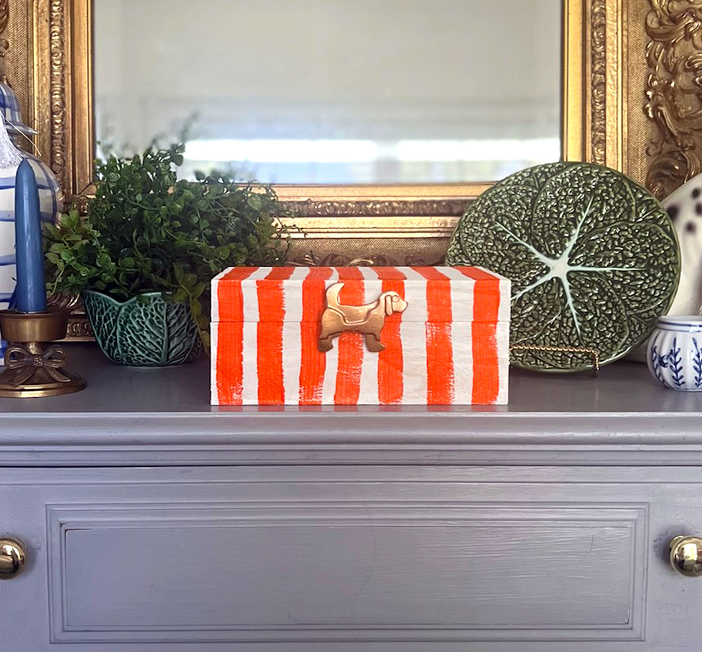 Handpainted Wooden Box With Stripes and Accent Figure