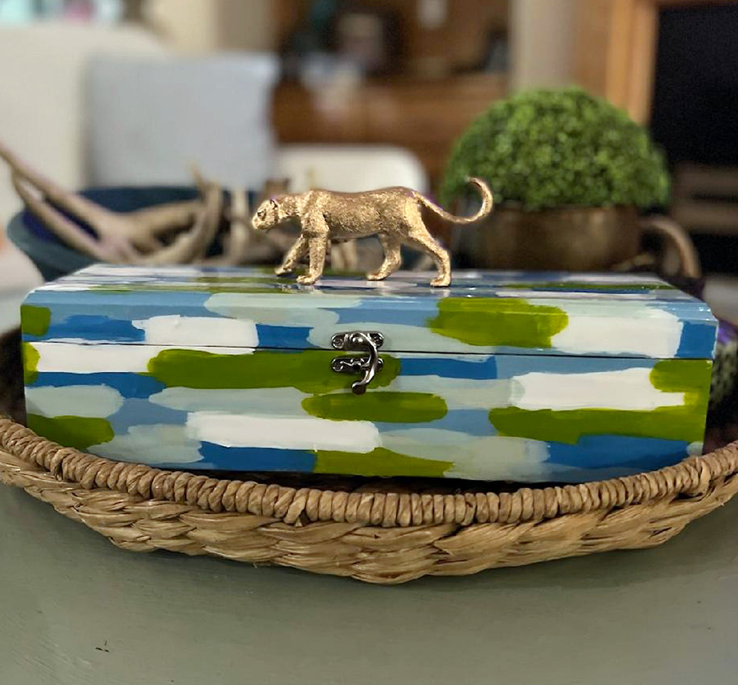 Handpainted Wooden Box With Brush Strokes and Accent Figure