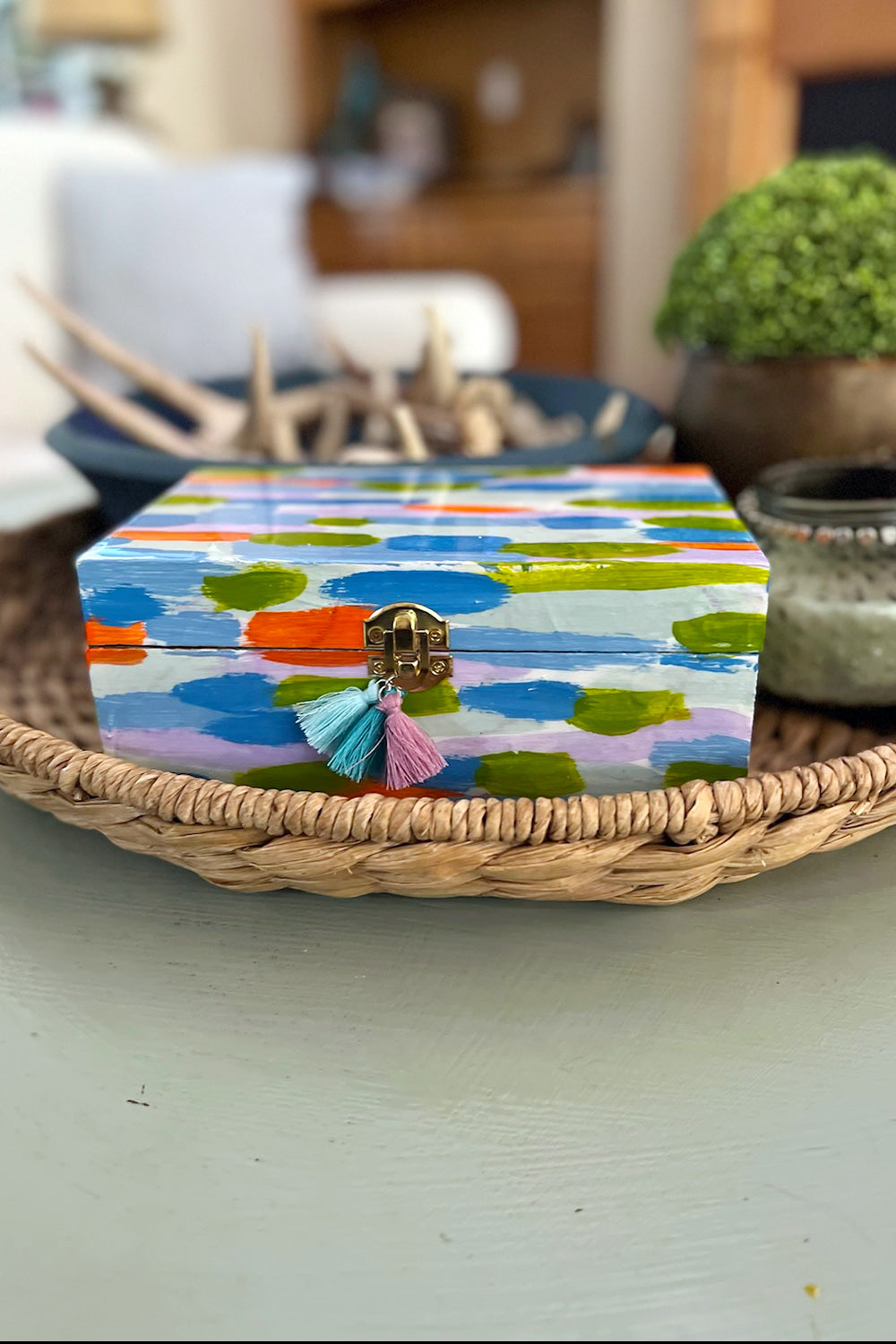 Handpainted Wooden Box With Brush Strokes and Tassels