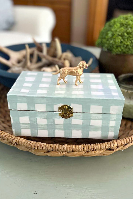 Handpainted Wooden Box With Gingham and Accent Figure