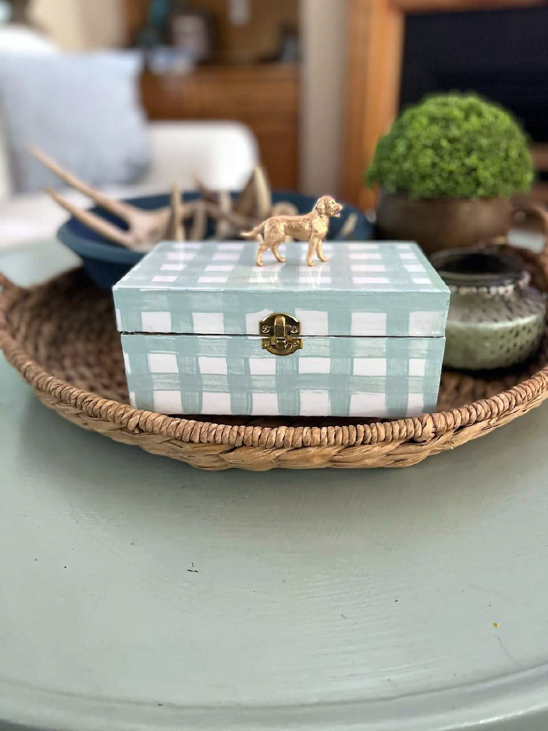 Handpainted Wooden Box With Gingham and Accent Figure