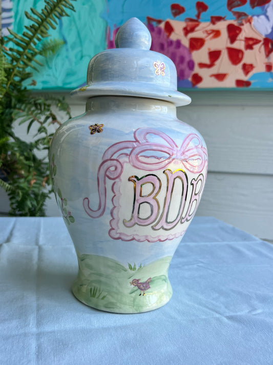 Hand Painted Ginger Jar- Water Color Bird Scene Pattern with Silhouette