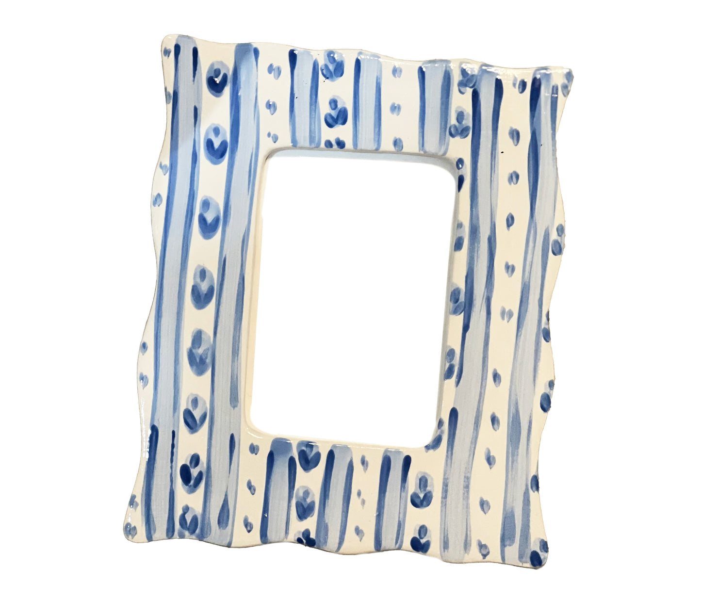 Wavy Edge Picture Frame - Blue Striped Floral, Ceramic, Hand Painted
