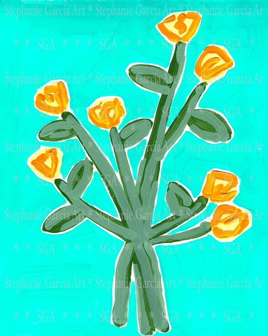 Canvas Print - Abstract Yellow Flowers on Aqua Background