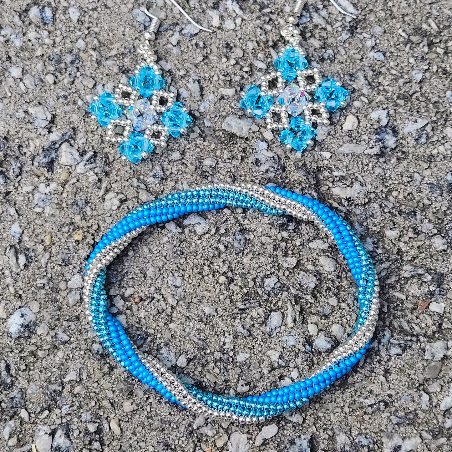 Blue Lattice Beaded Earrings With Matching Bracelet by Georgia Lee