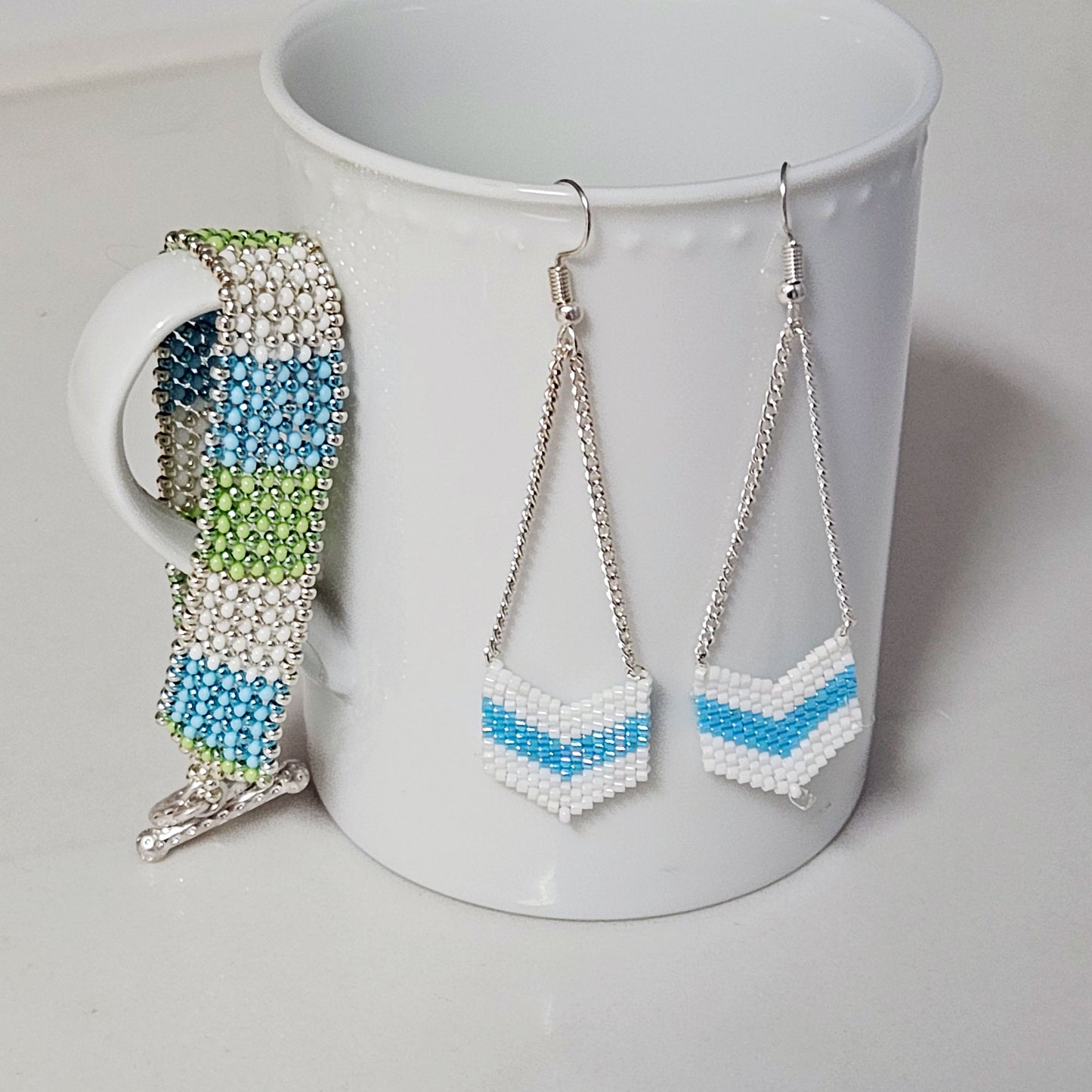 Blue Chevron Beaded Earrings With Matching Bracelet by Georgia Lee