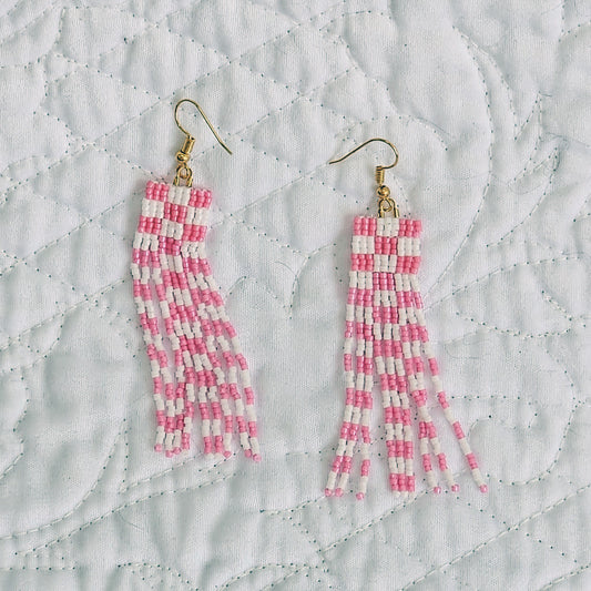 Pink Checkerboard Beaded Fringe Earrings by Georgia Lee