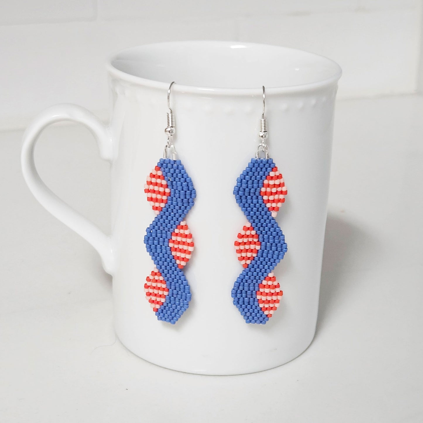 Red White and Denim Blue Beaded Earrings by Georgia Lee
