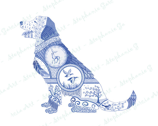Blue Retriever - Chinoiserie Style Watercolor - Art Print by L. Leonard