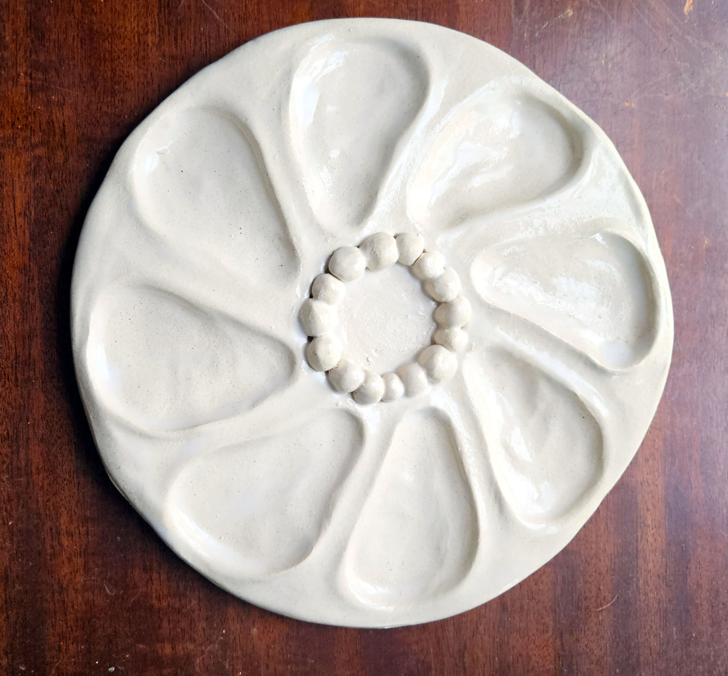 Oyster Plate 11 - White With Beaded Center - Artisan Pottery