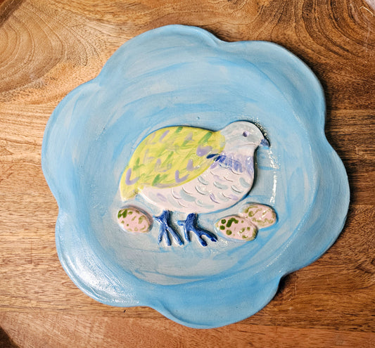 Scalloped Quail and Eggs Dish 11" - Artisan Pottery