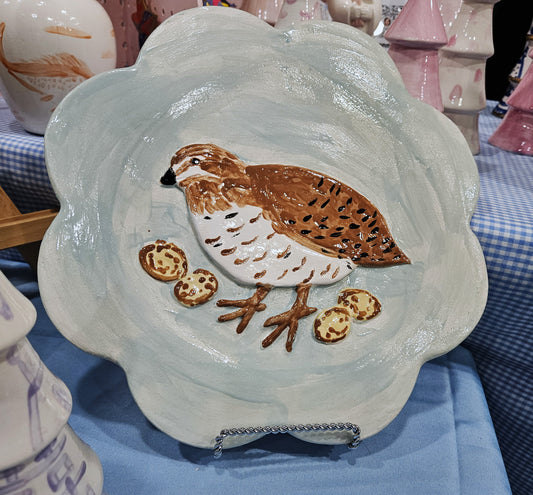 Quail and Eggs Plate Scalloped - Artisan Pottery