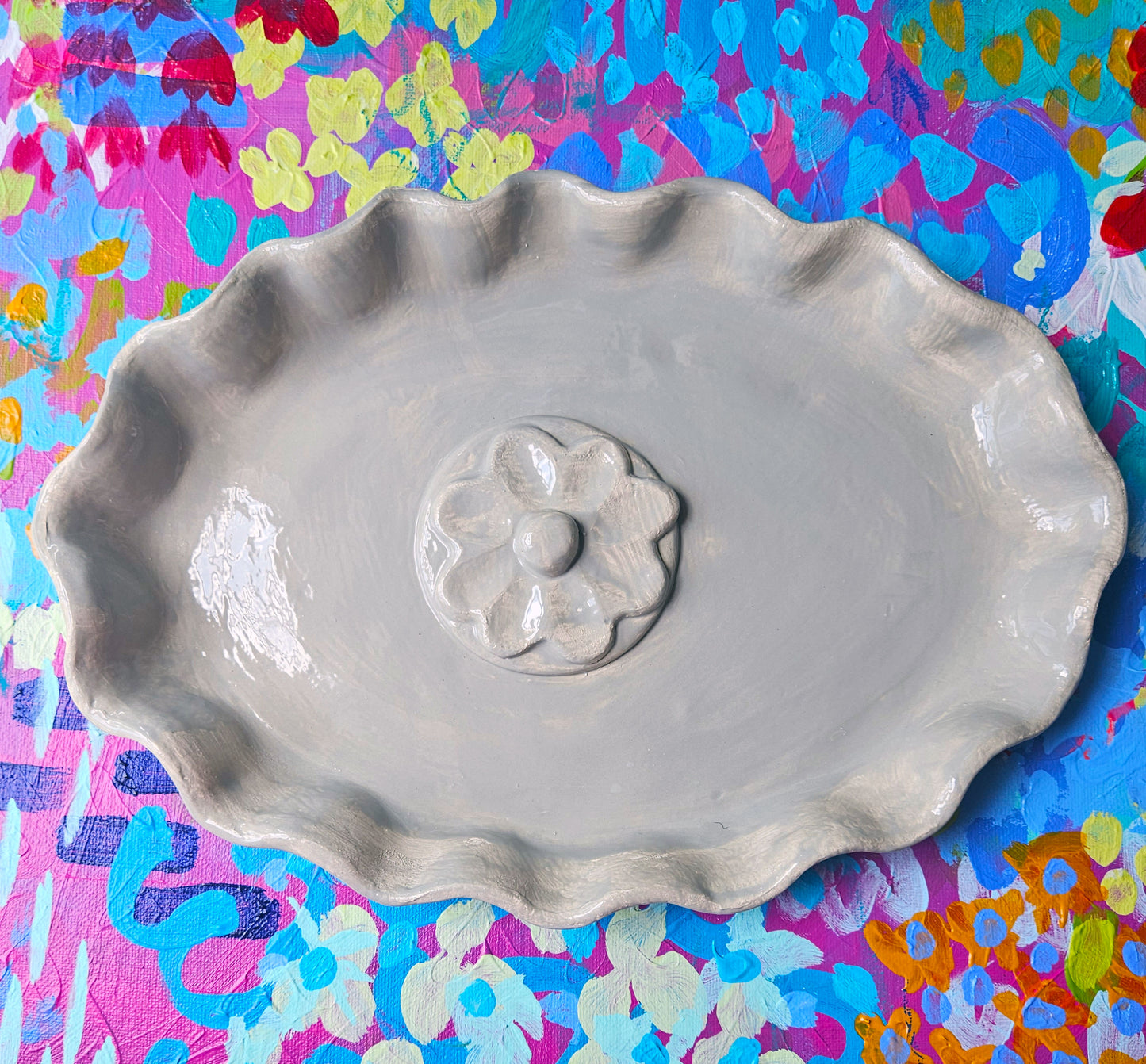 Ruffled Edge Tray With Flower 11" - Artisan Pottery