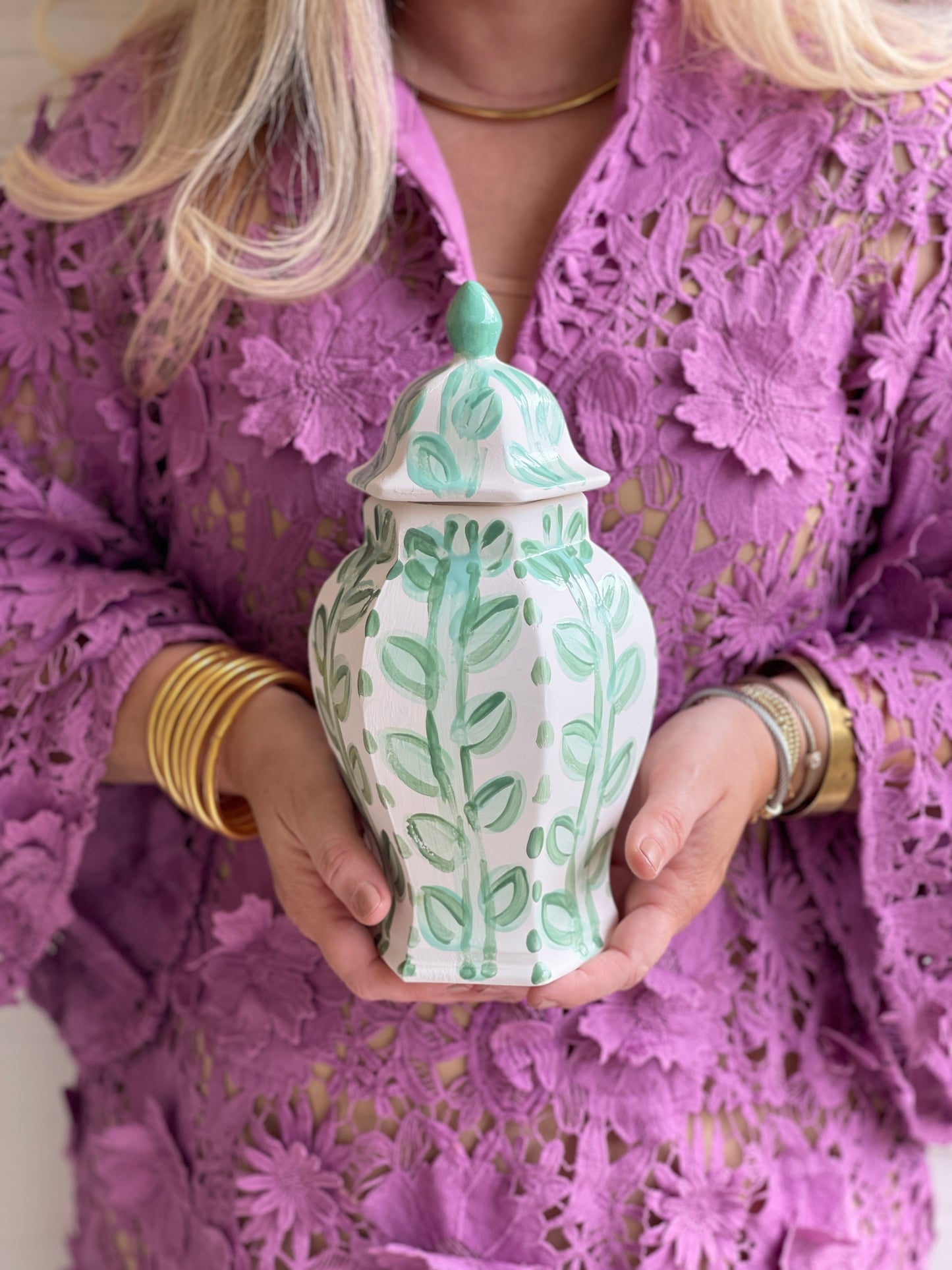 Large Hexagon Ginger Jar - Mint Vines