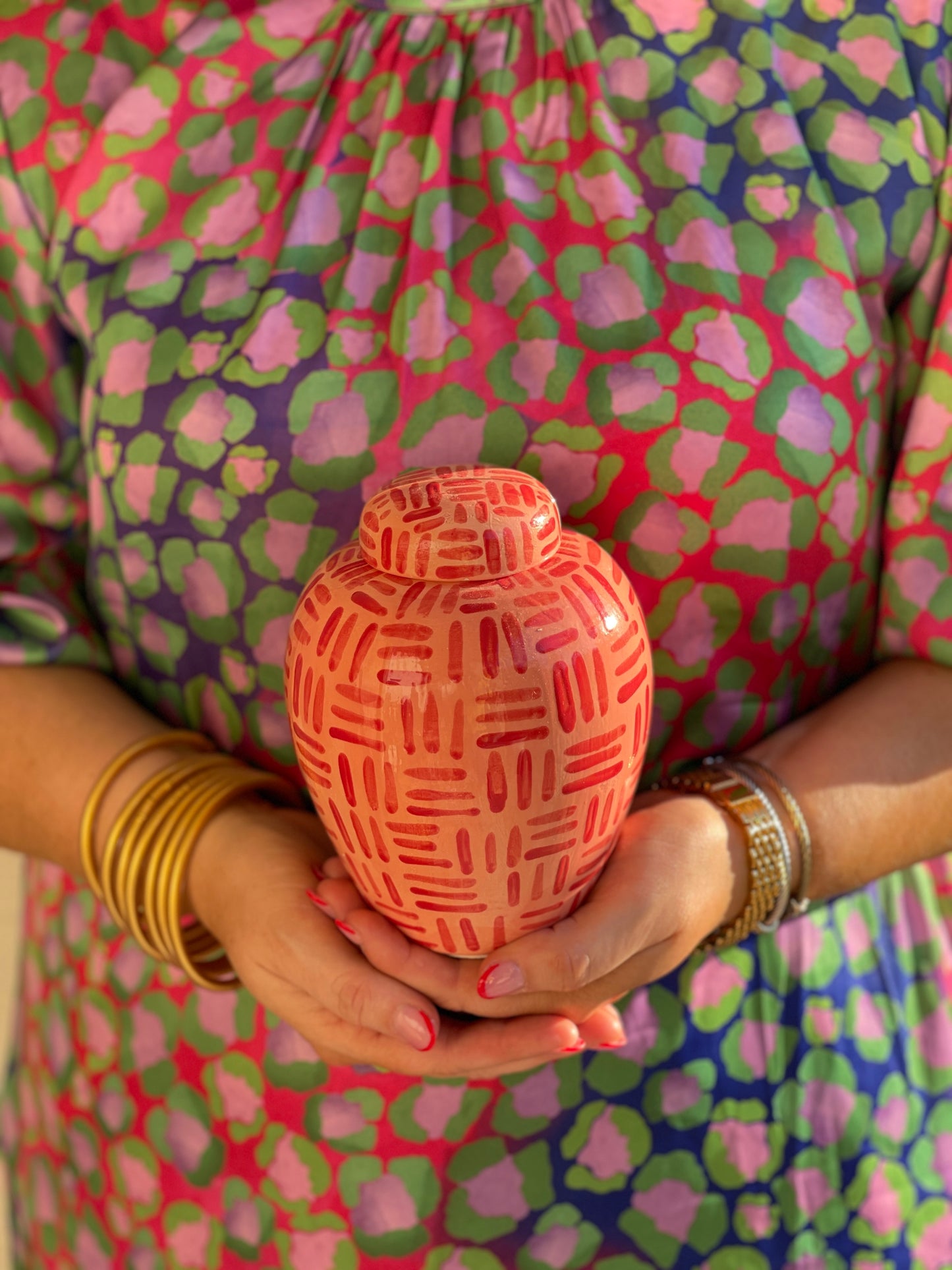 Pink and Red Cross Hatch Flat Top Ginger Jar