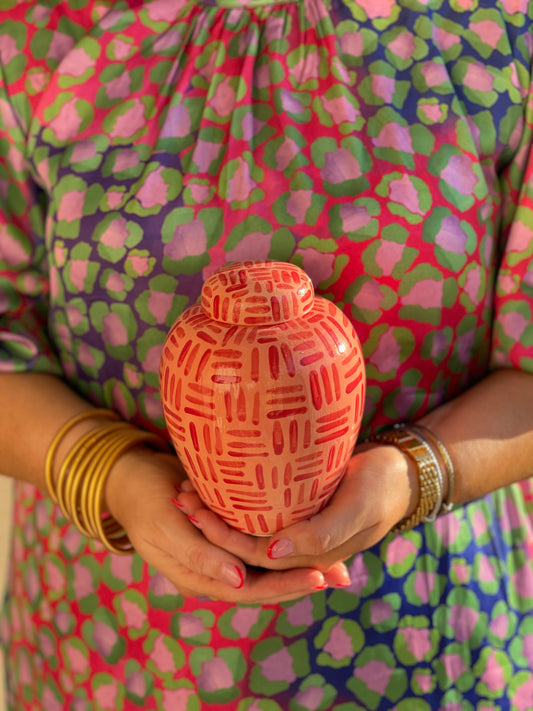 Pink and Red Cross Hatch Flat Top Ginger Jar