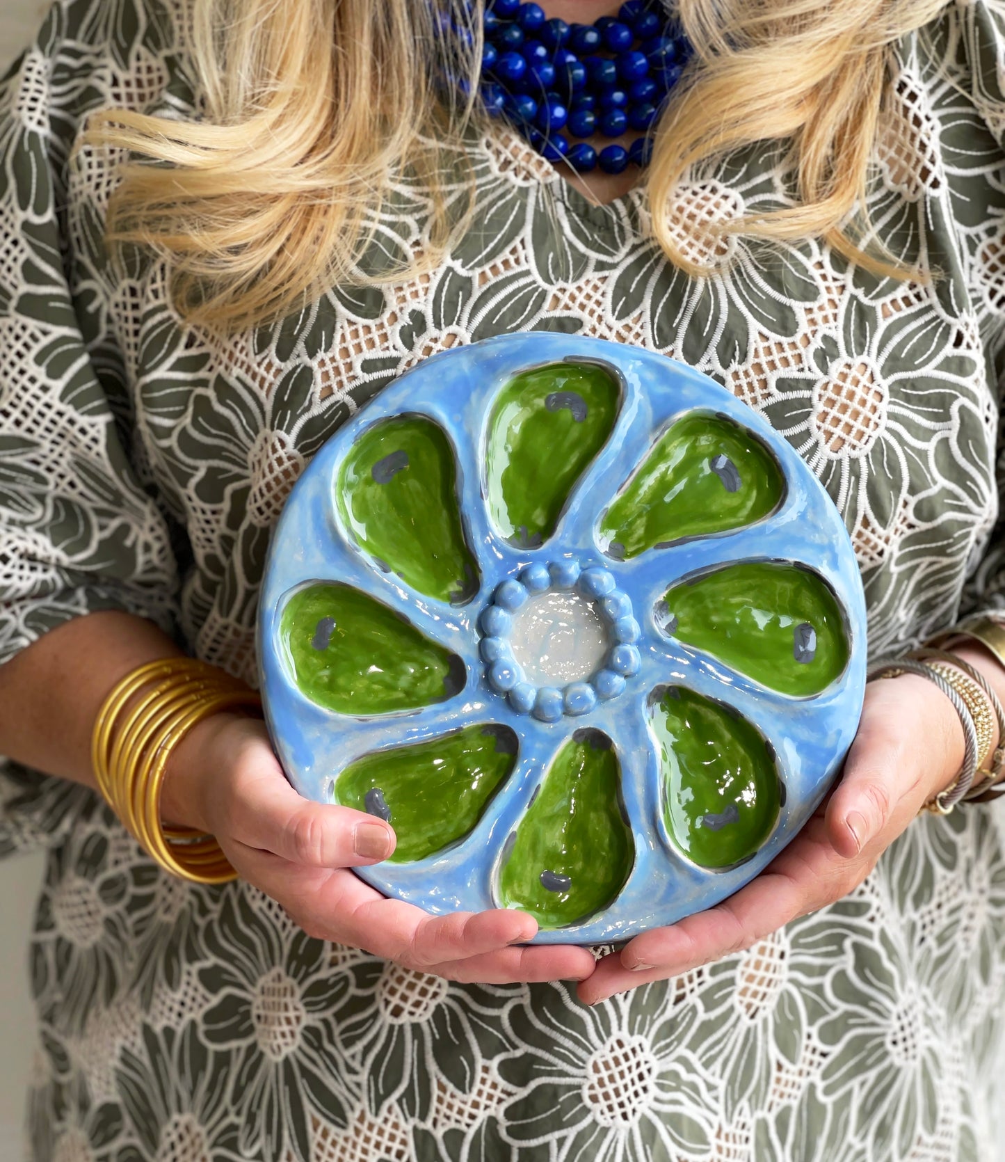 Oyster Plate 2- Blue and Green Beaded - Artisan Pottery