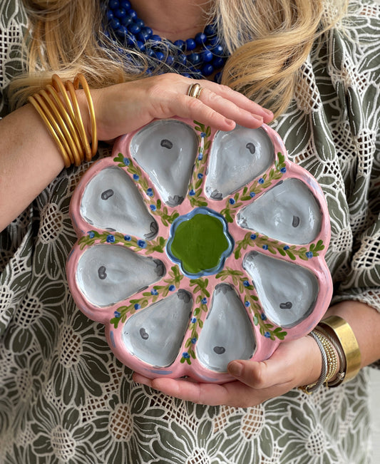 Oyster Plate 12 - Pink and Green With Scalloped Center