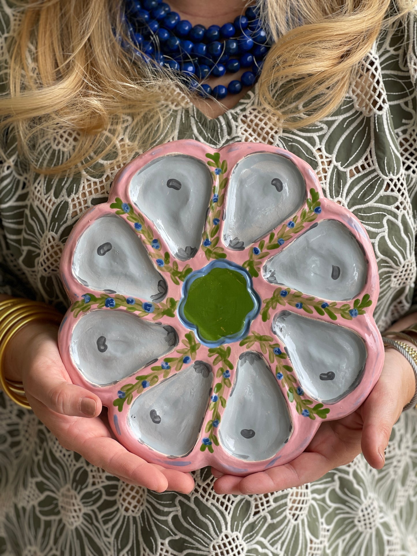 Oyster Plate 12 - Pink and Green With Scalloped Center