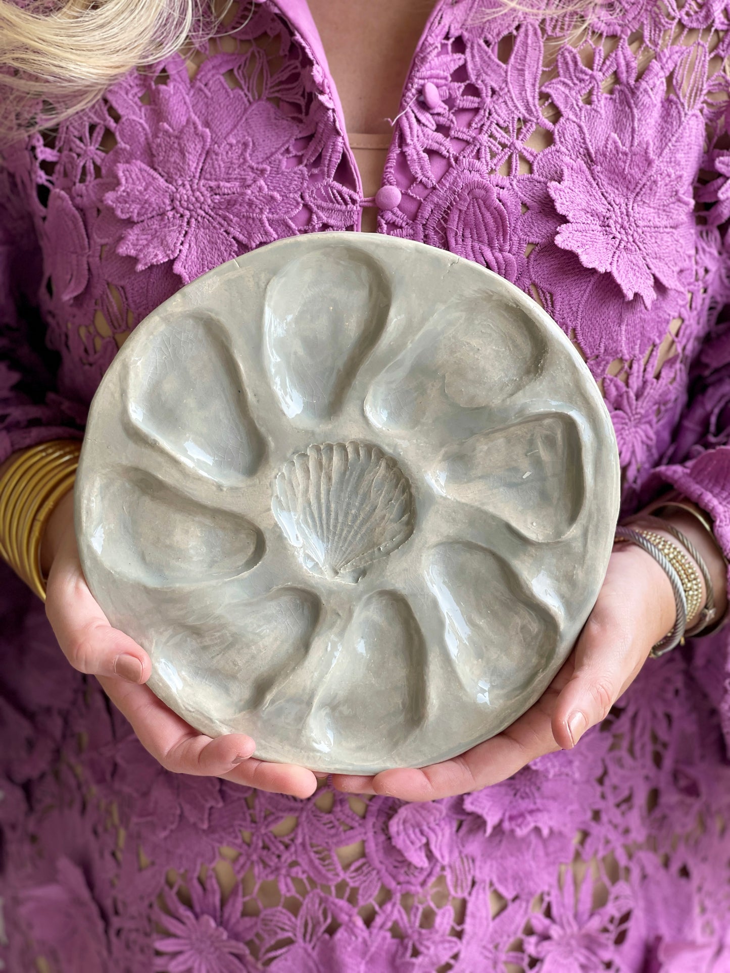 Oyster Plate 8&9 - Grey With Seashell - Artisan Pottery