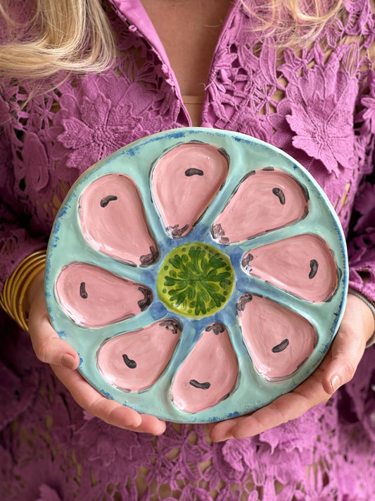Oyster Plate 3 - Blue and Pink With Green Center - Artisan Pottery