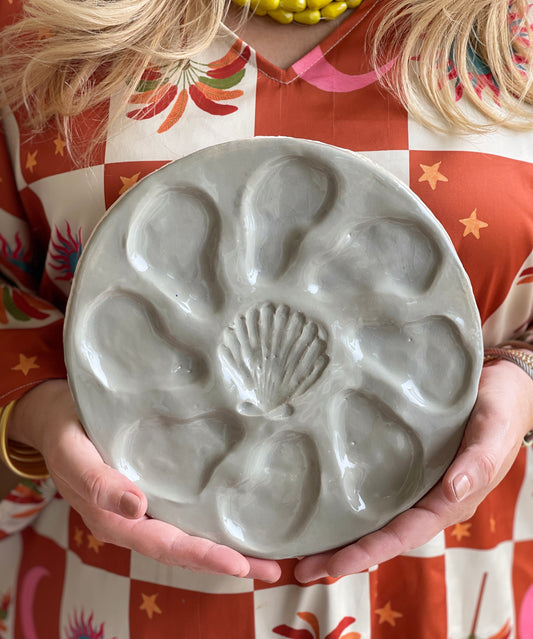 Oyster Plate 8&9 - Grey With Seashell - Artisan Pottery