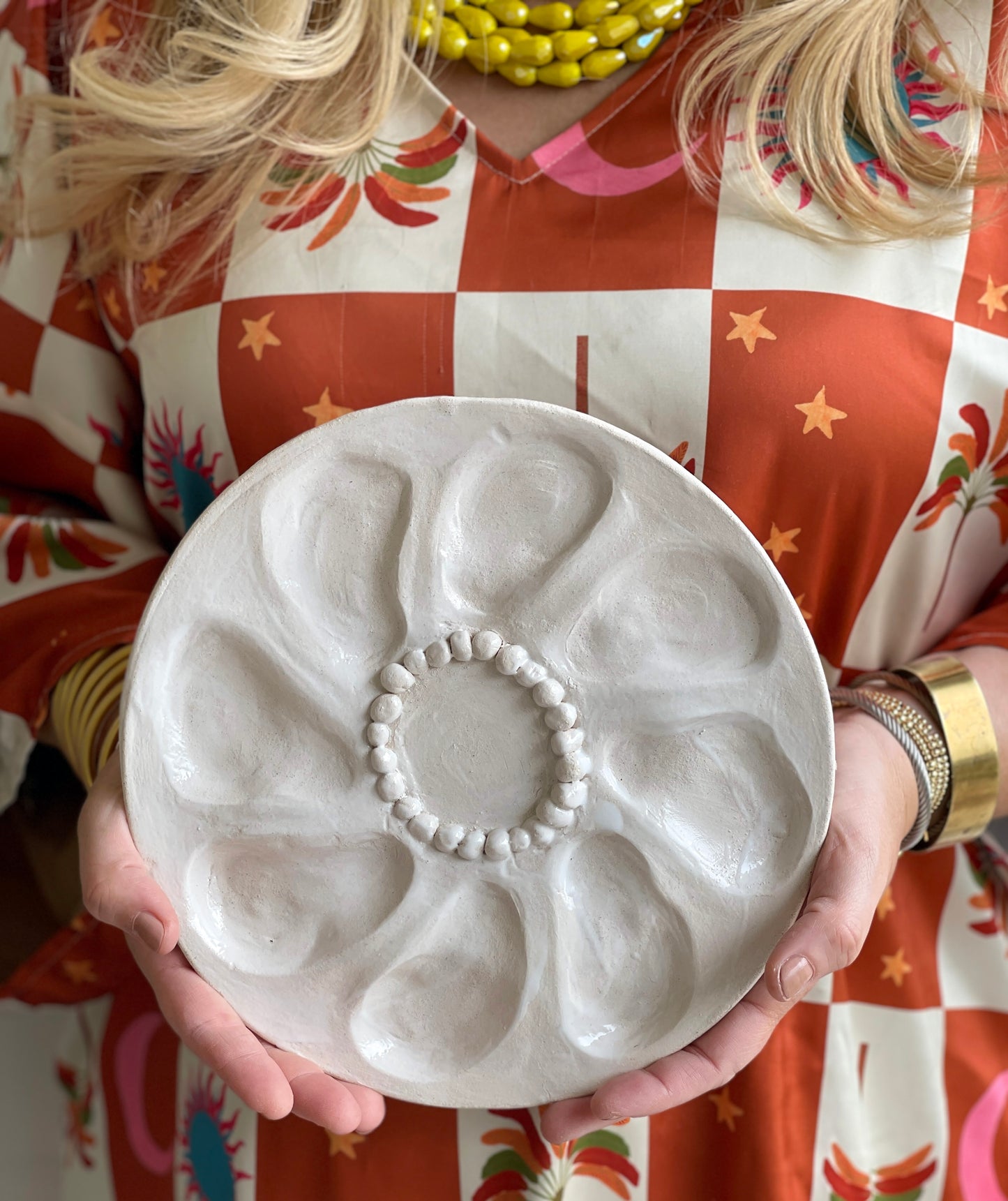 Oyster Plate 11 - White With Beaded Center - Artisan Pottery