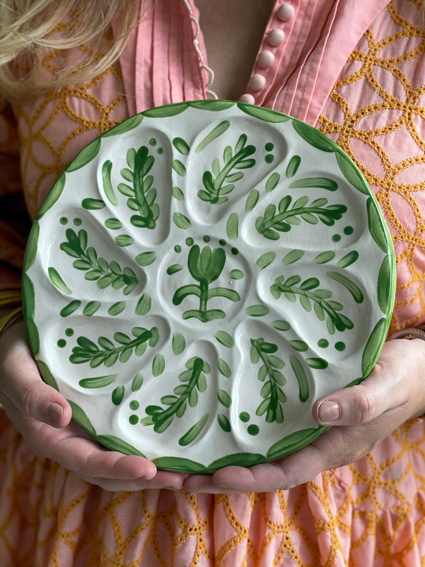 Oyster Plate 7 - Green Talavera Style - Artisan Pottery