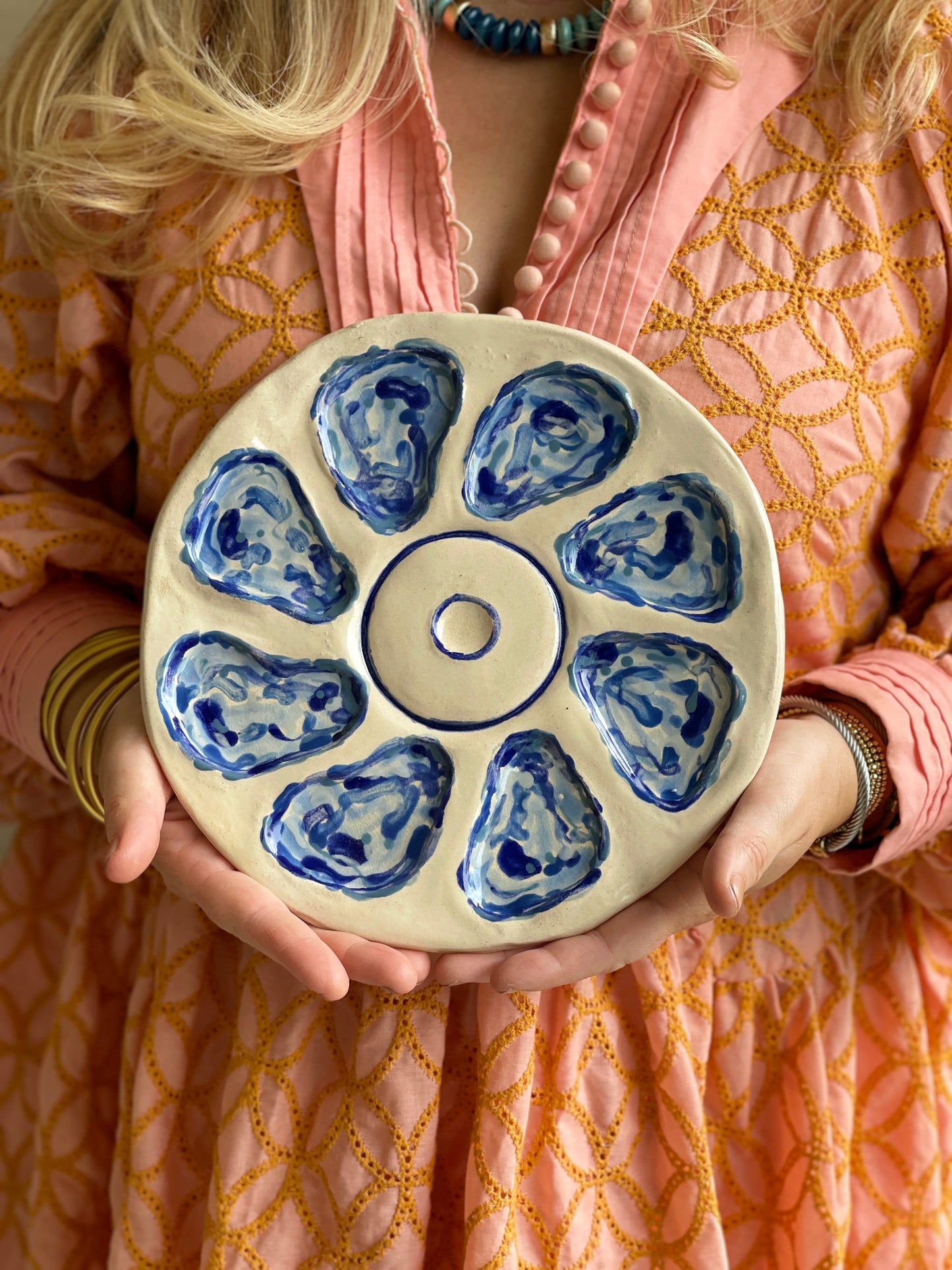 Oyster Plate 1 - Blue Abstract and White - Artisan Pottery
