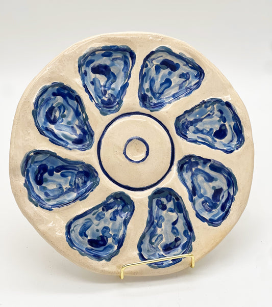 Oyster Plate 1 - Blue Abstract and White - Artisan Pottery
