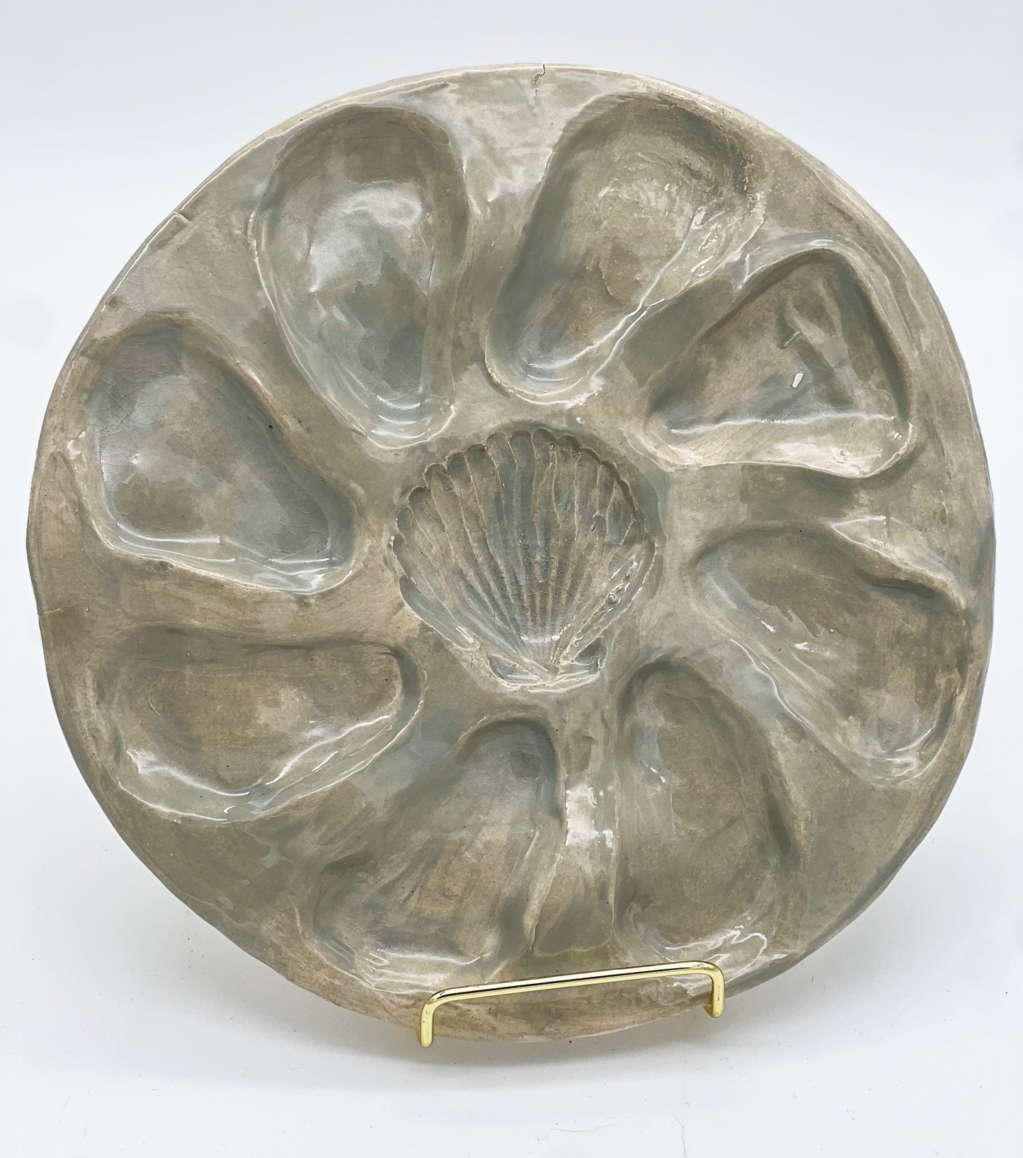 Oyster Plate 8&9 - Grey With Seashell - Artisan Pottery