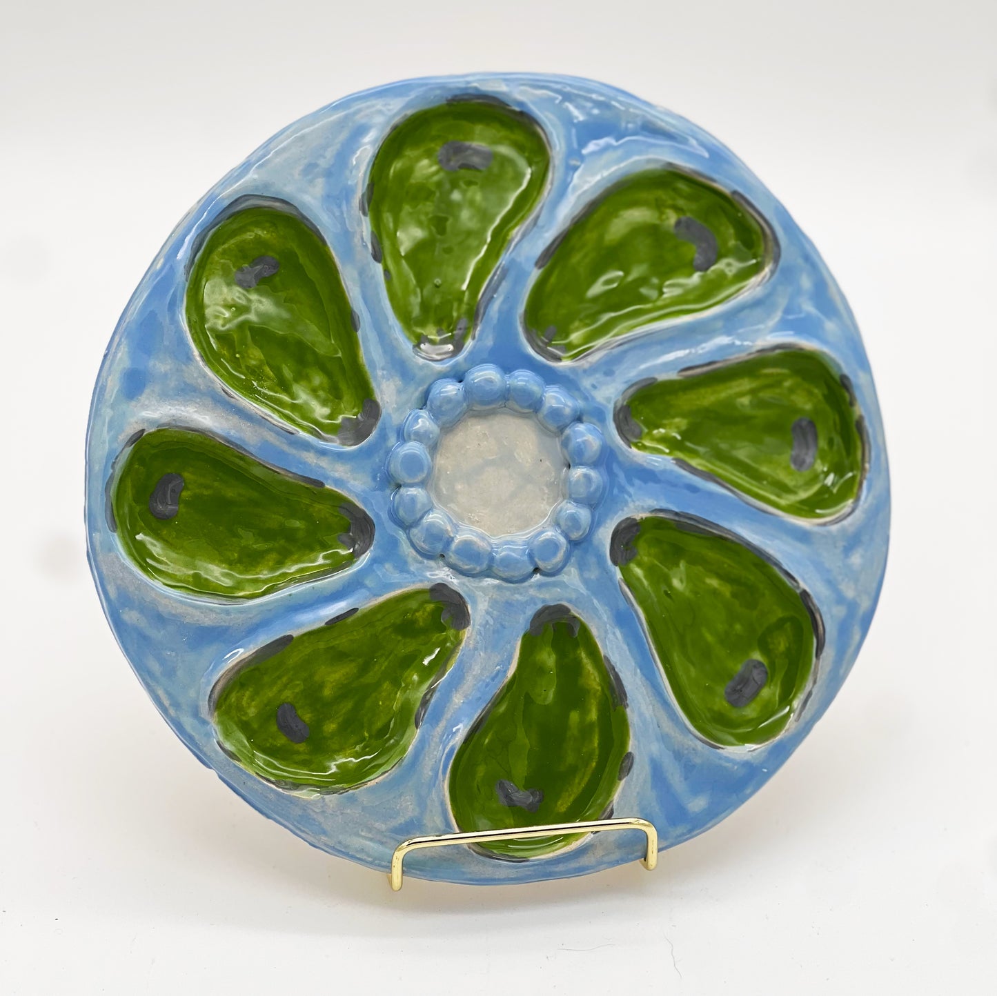 Oyster Plate 2- Blue and Green Beaded - Artisan Pottery