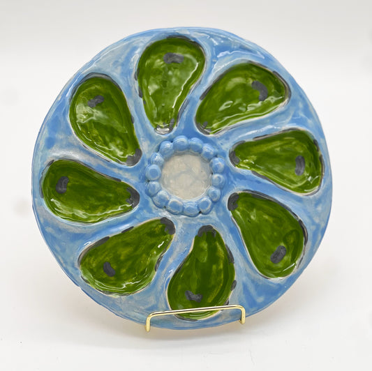 Oyster Plate 2 - Blue and Green Beaded - Artisan Pottery