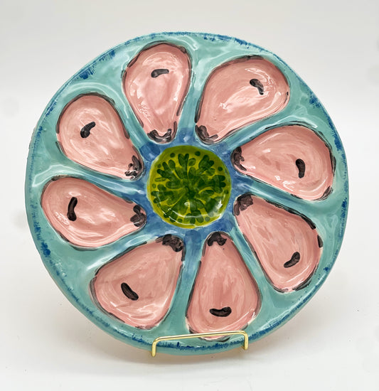 Oyster Plate 3 - Blue and Pink With Green Center - Artisan Pottery