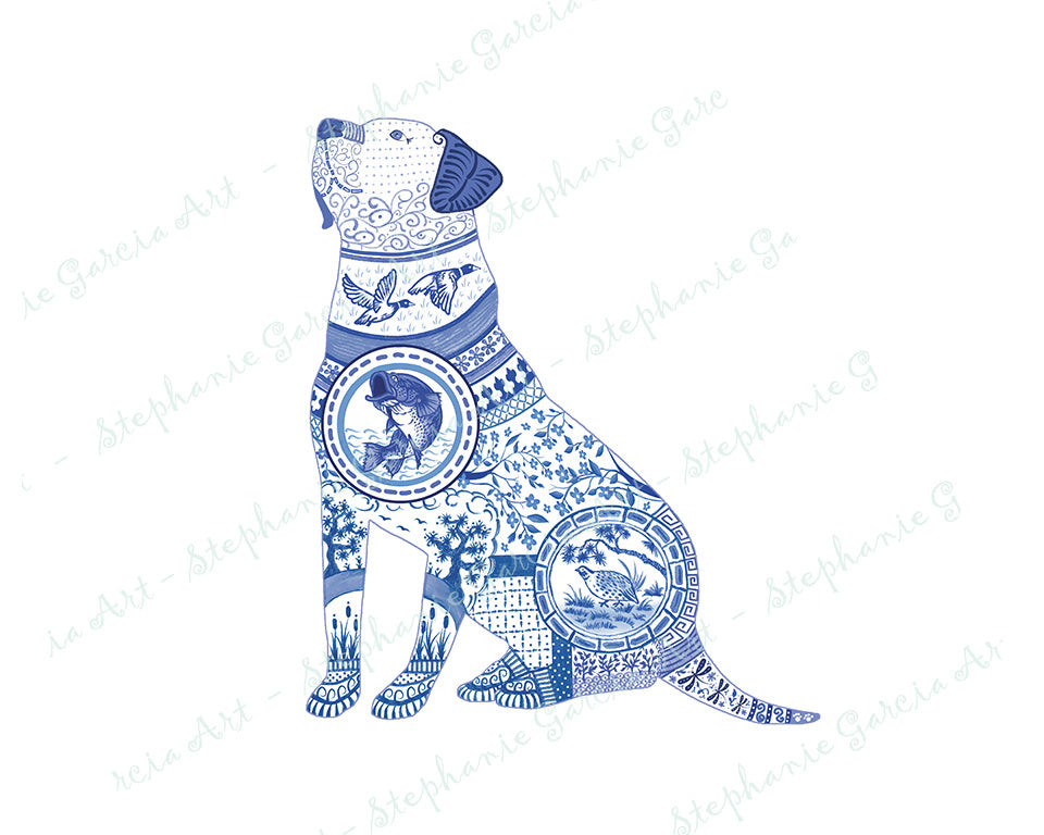 Blue Labrador - Chinoiserie Style Watercolor - Art Print by L. Leonard